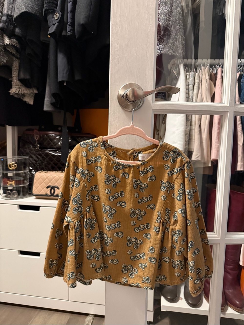 Zara Mustard Floral Tie-Neck Blouse